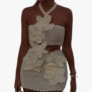 Handmade Crochet Cream Floral Halter Mini Dress